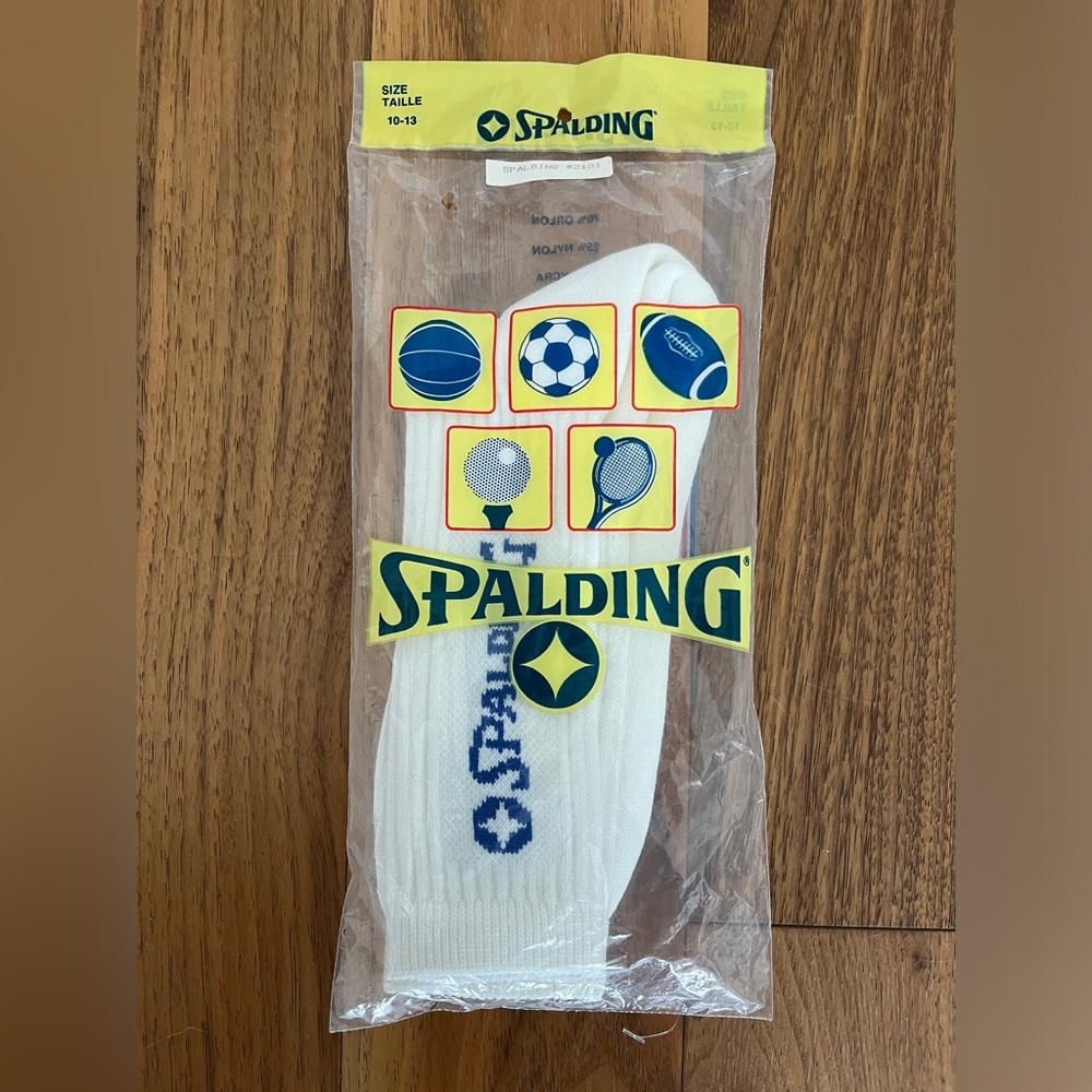 Vintage 1980s SPALDING Tube Socks Sz 10-13 White Navy Blue Spell-Out Logo